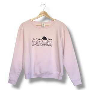 Hanes Girl’s Pink “Meowy Christmas” Cat Sweatshirt Size Medium